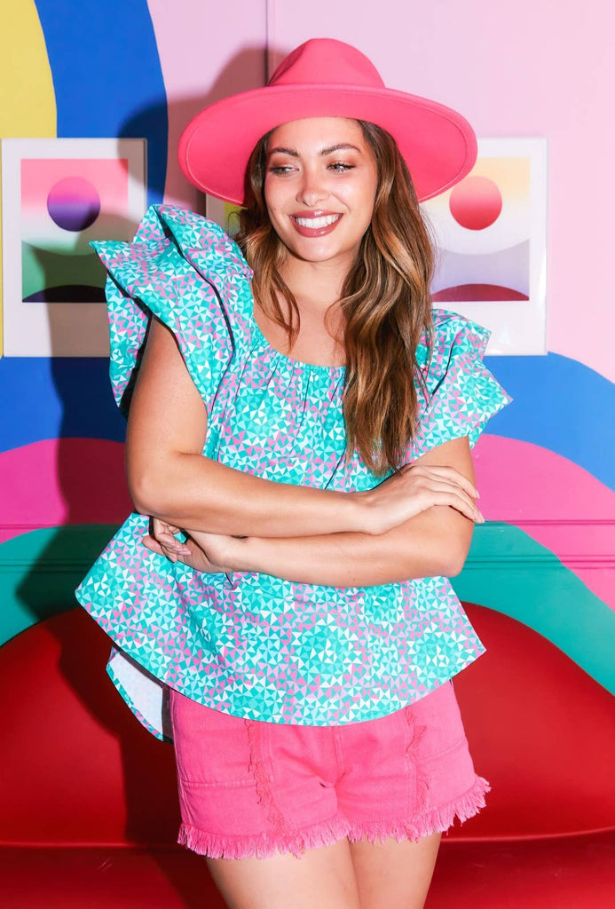Kaleidoscope Ruffle Top - Green/Pink