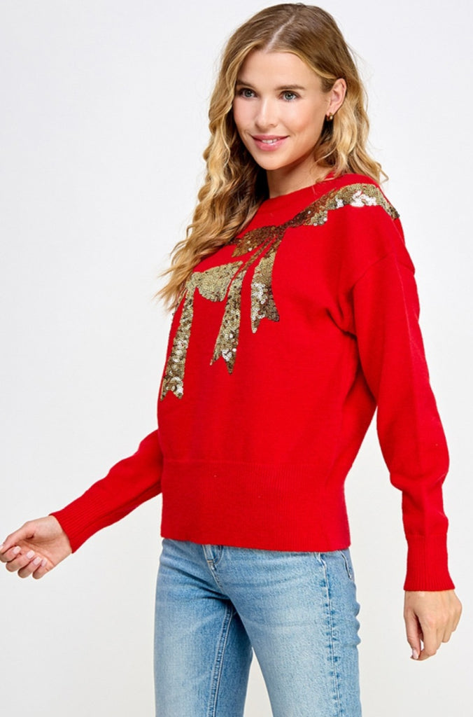 Sequin Ribbon and Bow Sweater - Red