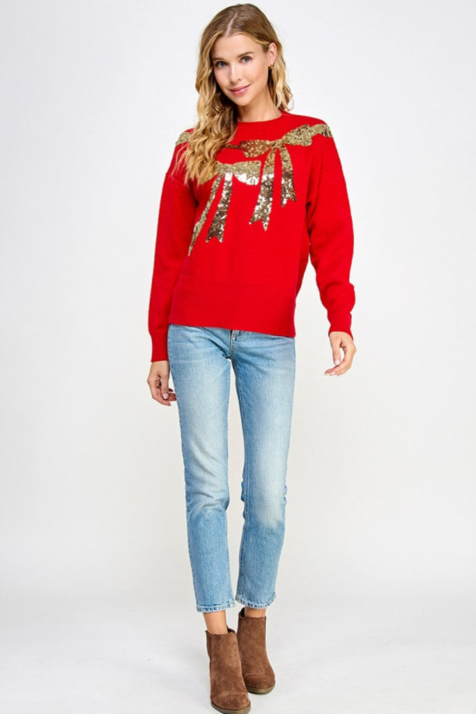 Sequin Ribbon and Bow Sweater - Red