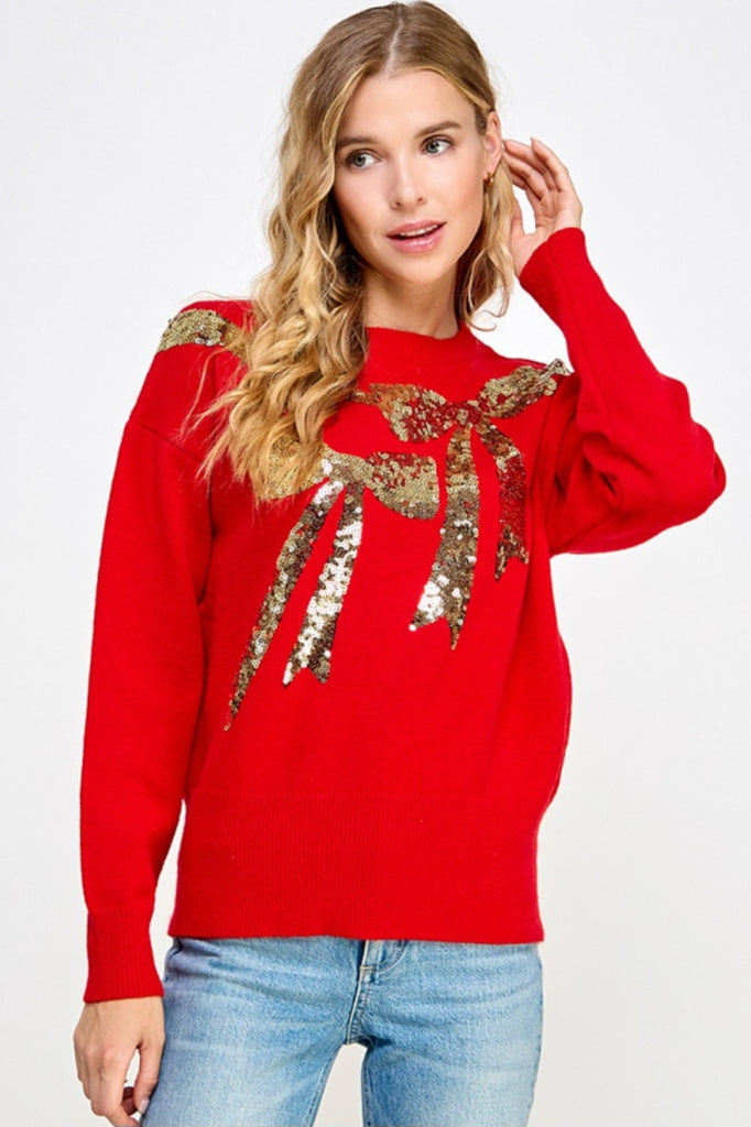 Sequin Ribbon and Bow Sweater - Red