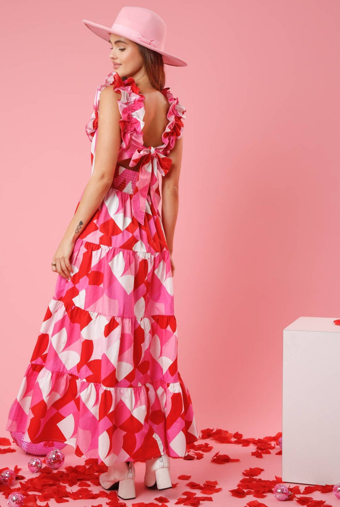 Ruffled Geo Print Maxi Dress - Pink/Red