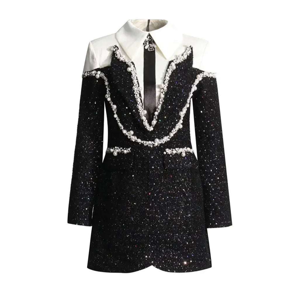 Chic Diamond Beaded Tweed Dress - Black