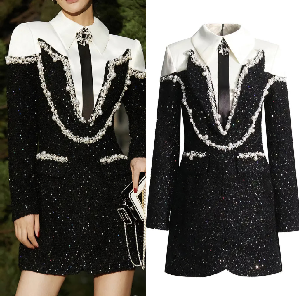 Chic Diamond Beaded Tweed Dress - Black