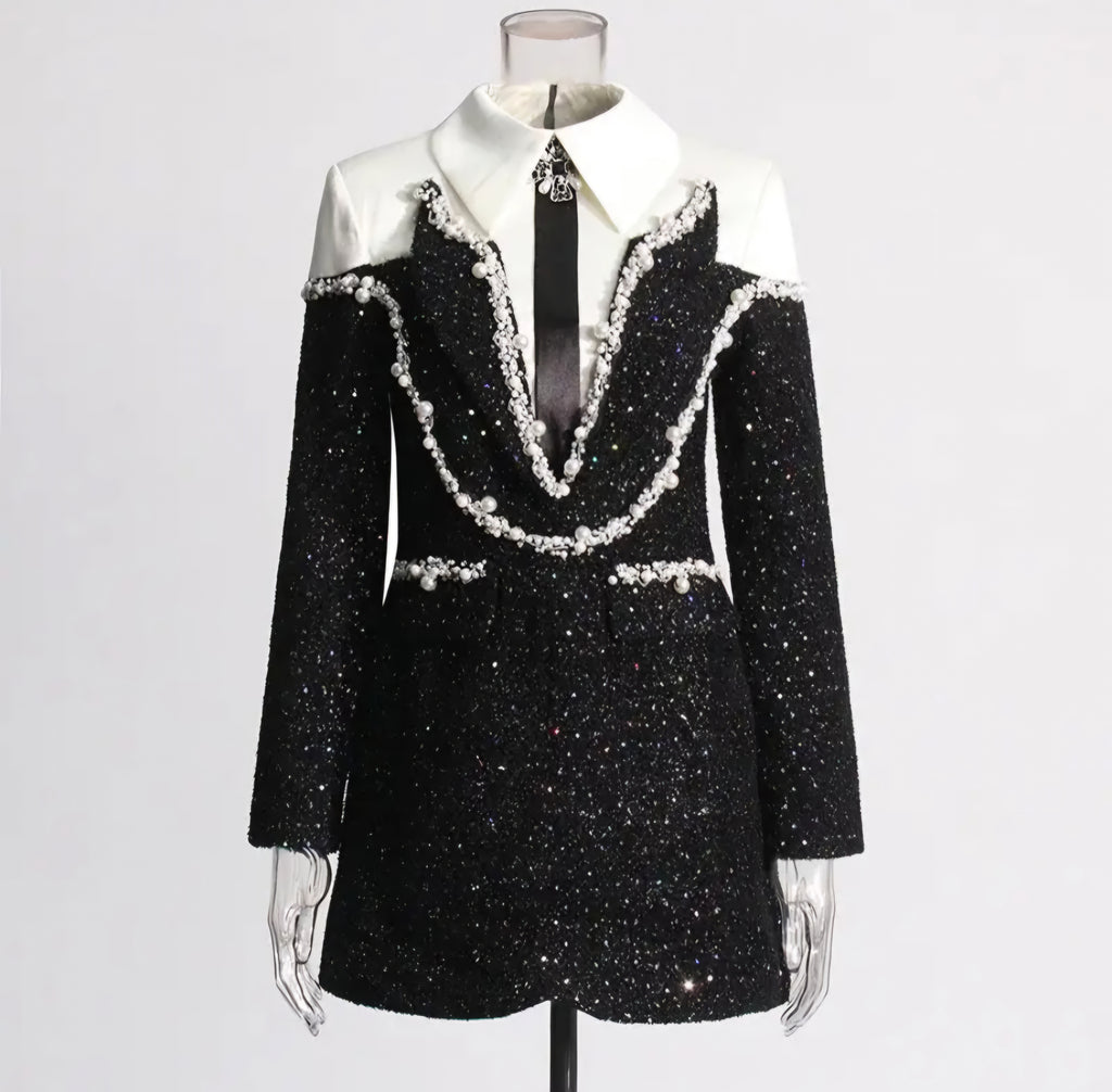 Chic Diamond Beaded Tweed Dress - Black
