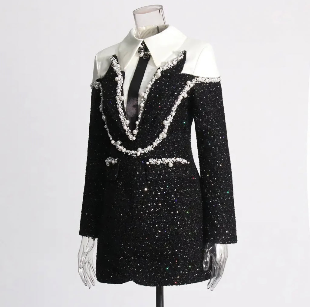 Chic Diamond Beaded Tweed Dress - Black
