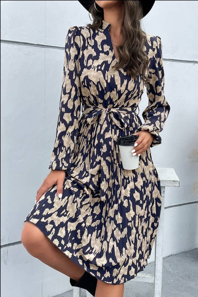 V Neck Smocked Navy/Tan Dress