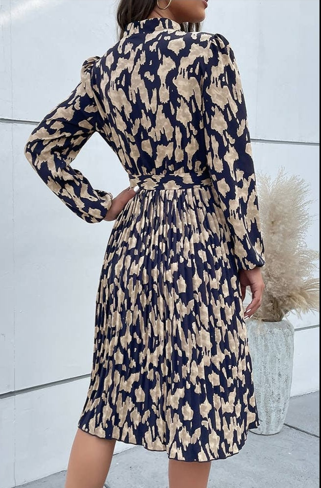 V Neck Smocked Navy/Tan Dress