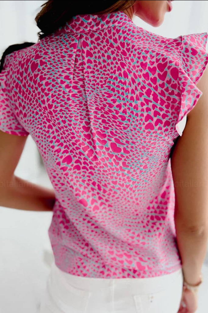 Frill Split Collar Sleeveless Pink Hearts Blouse
